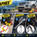 TEVLAPHEE car security collection featuring steering wheel locks, a red-and-yellow wheel clamp, a pedal lock, a seat belt lock, and a combination key safe in realistic vehicle settings, with security icons and feature callouts.
