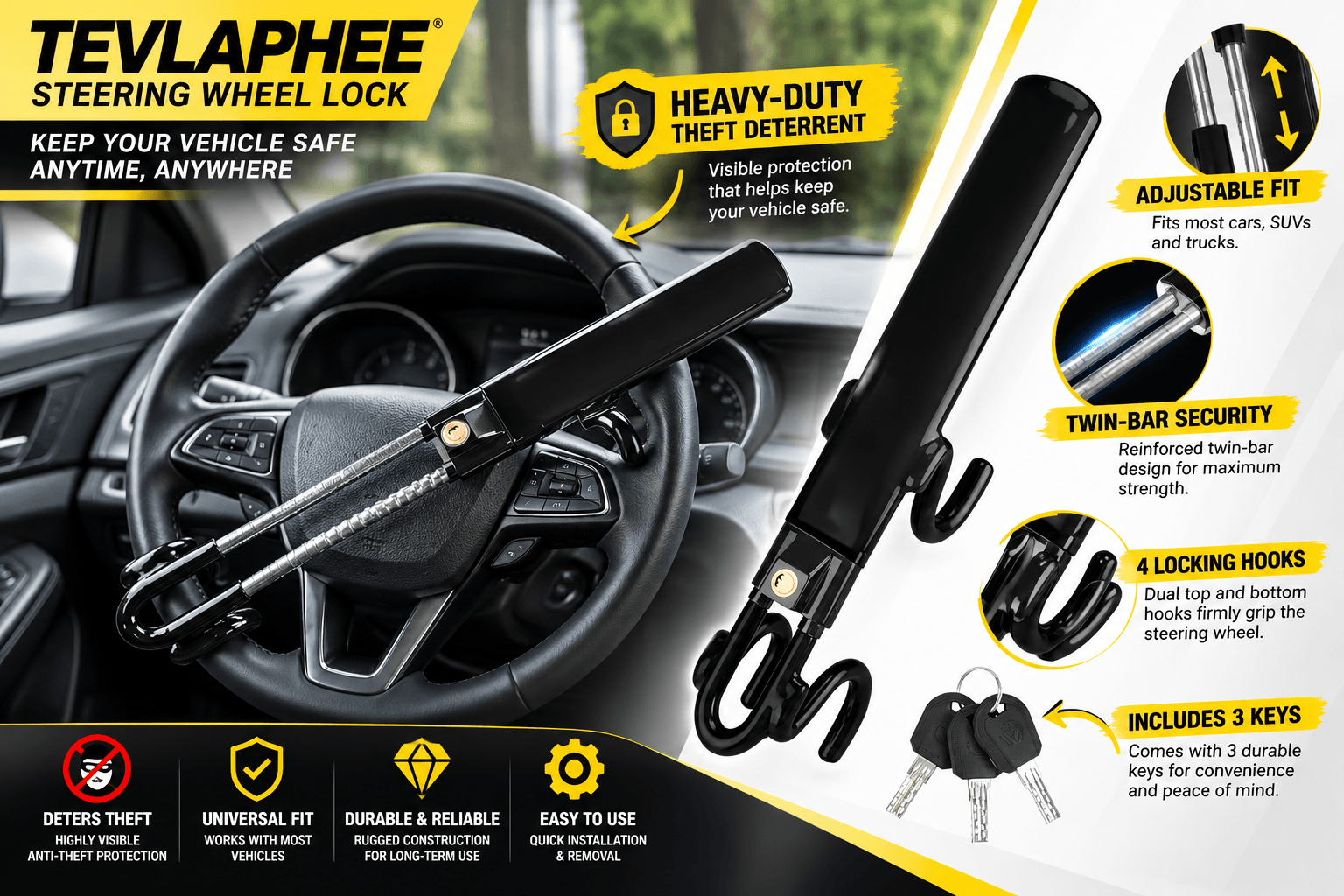 TEVLAPHEE black heavy-duty steering wheel lock installed inside a car, featuring an adjustable twin-bar design, four locking hooks, and three keys. Yellow-and-black infographic highlights anti-theft security features.