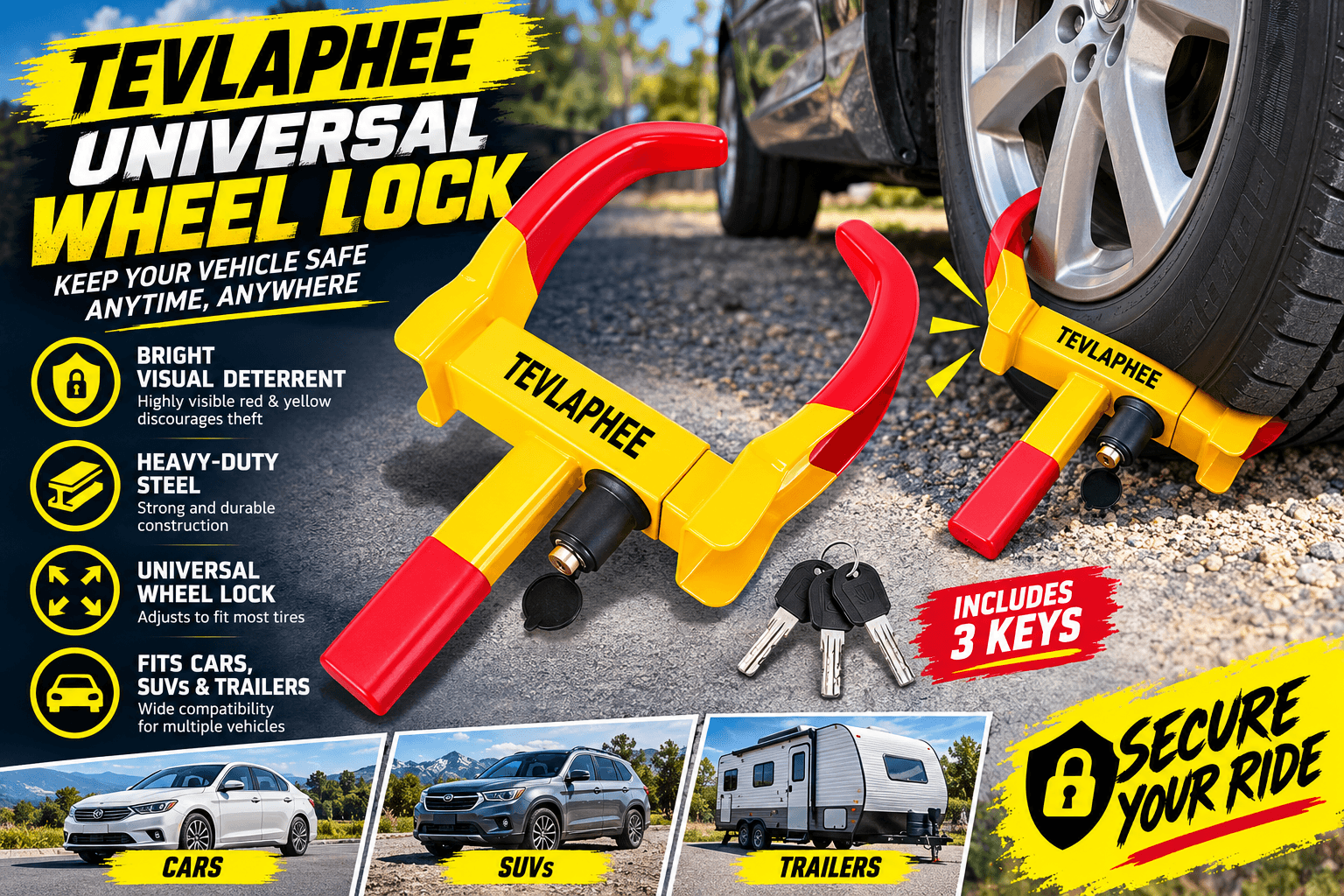 TEVLAPHEE red-and-yellow universal wheel clamp lock displayed beside an SUV tire, featuring a heavy-duty steel design, adjustable locking arms, and three keys. Promotional graphics highlight compatibility with cars, SUVs, and trailers.