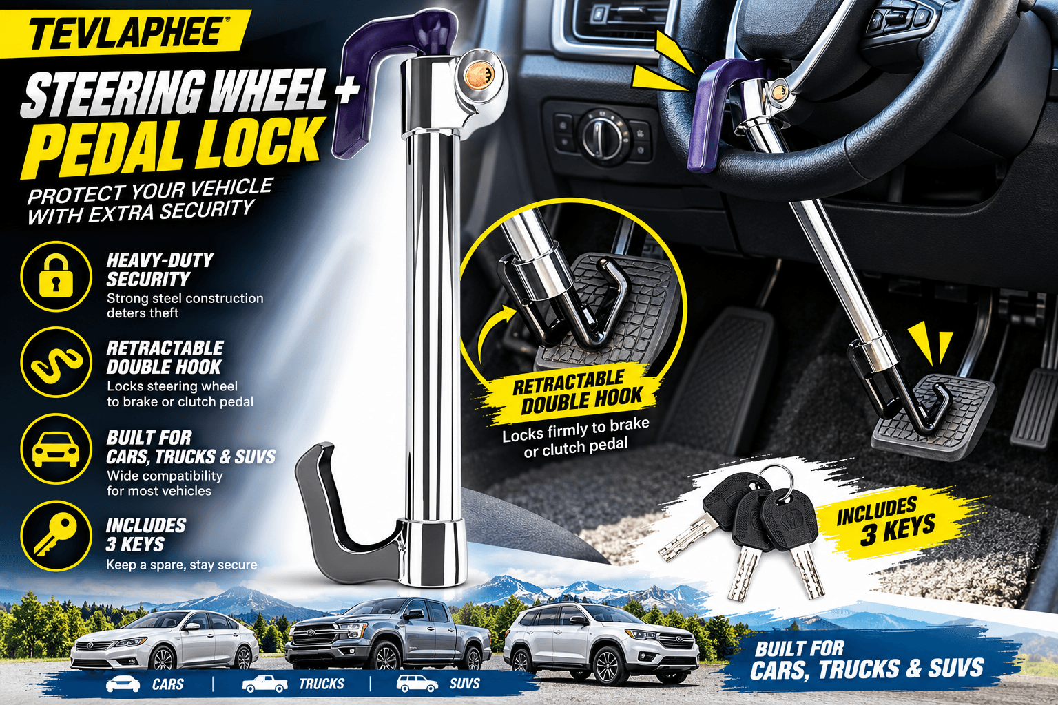 TEVLAPHEE silver steering wheel and pedal lock with purple handle accents, shown securing a car steering wheel to a pedal. Infographic includes retractable double-hook details, three keys, and vehicle compatibility illustrations.