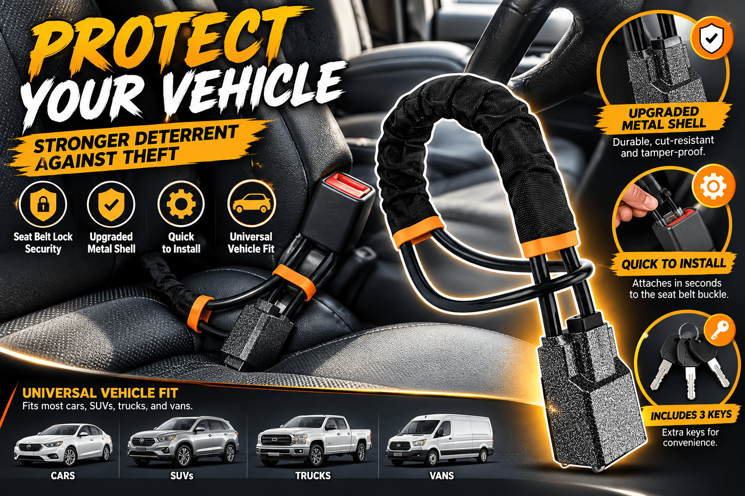 TEVLAPHEE black-and-orange car anti-theft seat belt lock displayed inside a vehicle, featuring a fabric-covered cable, metal locking shell, and three keys. Infographic highlights installation details and vehicle compatibility.