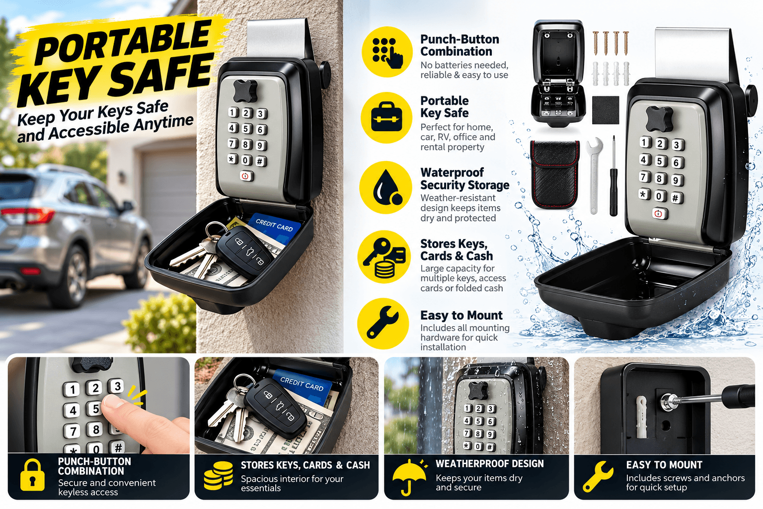 TEVLAPHEE black-and-silver push-button combination key safe mounted on an outdoor wall near a driveway. Open compartment displays car keys, cards, and cash, with graphics showing keypad access, weather resistance, and mounting hardware.