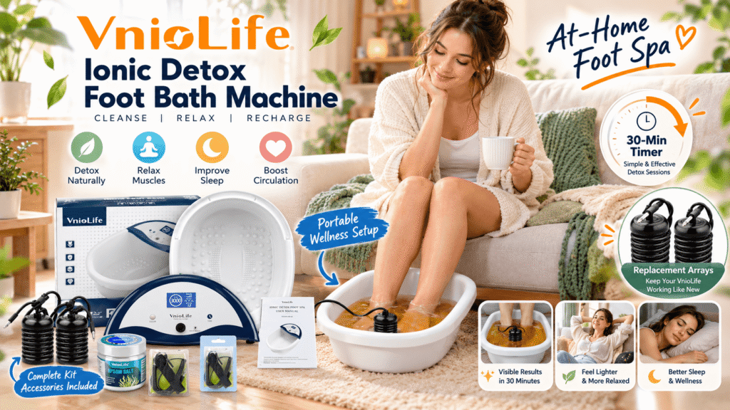 VnioLife ionic foot bath spa promotional banner featuring a woman enjoying a relaxing at-home foot soak, a white foot basin, digital controller, replacement arrays, Epsom salt, and wellness-themed graphic annotations.