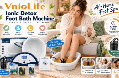 VnioLife ionic foot bath spa promotional banner featuring a woman enjoying a relaxing at-home foot soak, a white foot basin, digital controller, replacement arrays, Epsom salt, and wellness-themed graphic annotations.