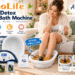 VnioLife ionic foot bath spa promotional banner featuring a woman enjoying a relaxing at-home foot soak, a white foot basin, digital controller, replacement arrays, Epsom salt, and wellness-themed graphic annotations.
