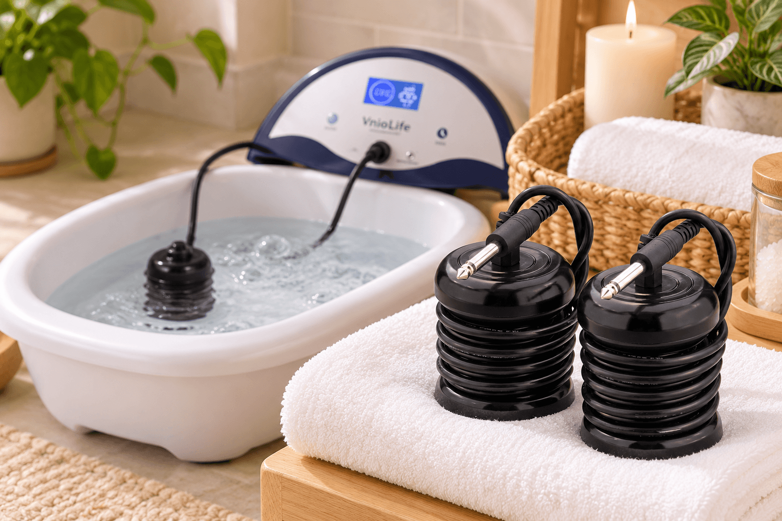 Two VnioLife replacement electrode arrays for ionic foot spa machines displayed on a folded white towel, featuring black coiled bodies and metal connectors, with a foot bath basin and digital controller in a cozy home spa setting.