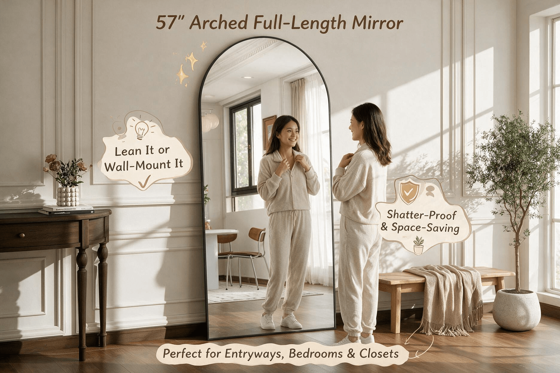 Black arched 57-inch aluminum alloy full-length mirror leaning in a bright entryway or bedroom, a woman checking her outfit in the reflection, with English selling-point annotations