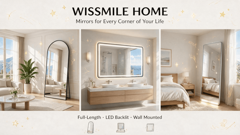 WISSMILE HOME mirror collection promotional banner: arched full-length mirror, LED bathroom vanity mirror and LED standing mirror styled in real home settings with playful cartoon graphic accents