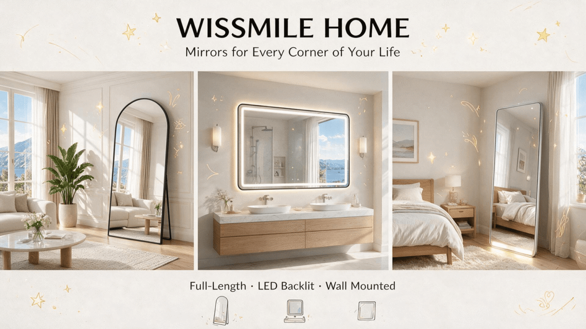 WISSMILE HOME mirror collection promotional banner: arched full-length mirror, LED bathroom vanity mirror and LED standing mirror styled in real home settings with playful cartoon graphic accents