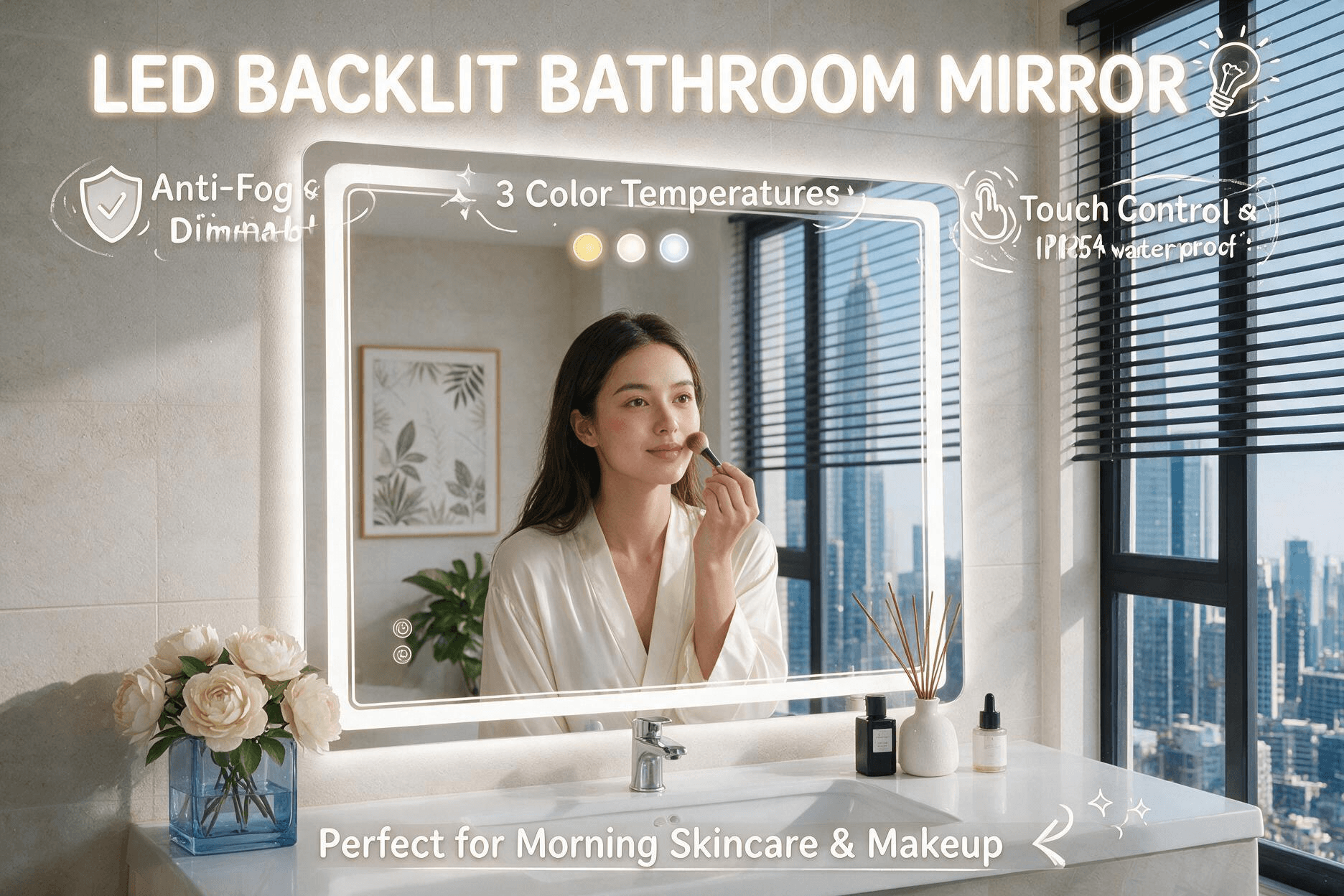 LED backlit wall-mounted bathroom vanity mirror above a modern sink, person doing morning skincare at the mirror, annotated with anti-fog, dimmable and 3 color temperature features