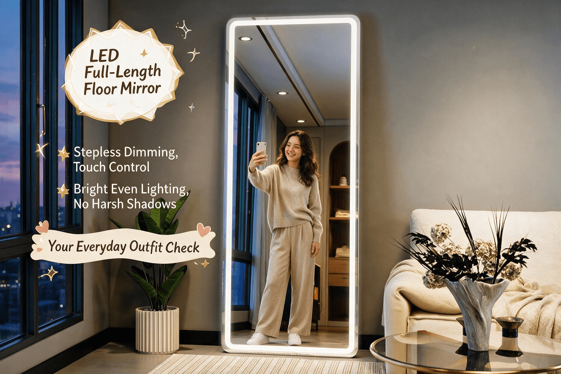 Tall LED full-length standing mirror with glowing light strip frame, a young woman trying on an outfit and taking a mirror selfie in a cozy living room at dusk, annotated with touch dimming feature
