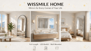 WISSMILE HOME mirror collection promotional banner: arched full-length mirror, LED bathroom vanity mirror and LED standing mirror styled in real home settings with playful cartoon graphic accents