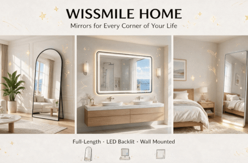 WISSMILE HOME mirror collection promotional banner: arched full-length mirror, LED bathroom vanity mirror and LED standing mirror styled in real home settings with playful cartoon graphic accents