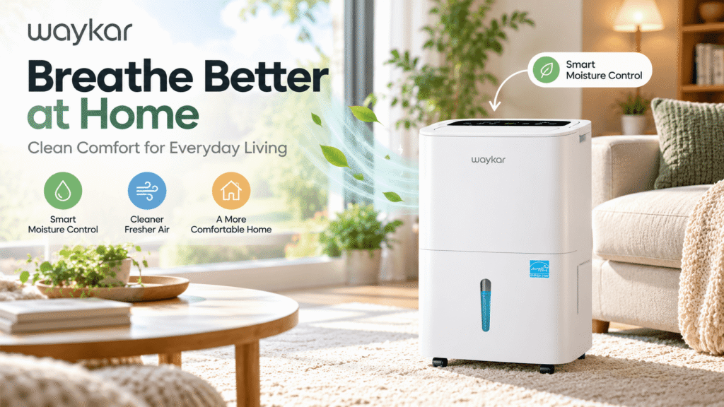 Waykar white dehumidifier in a bright modern living room, featuring smart moisture control, fresh-air graphics, green plants, and the promotional headline “Breathe Better at Home.”