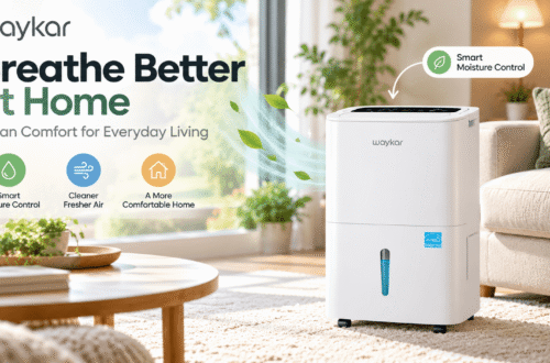 Waykar white dehumidifier in a bright modern living room, featuring smart moisture control, fresh-air graphics, green plants, and the promotional headline “Breathe Better at Home.”
