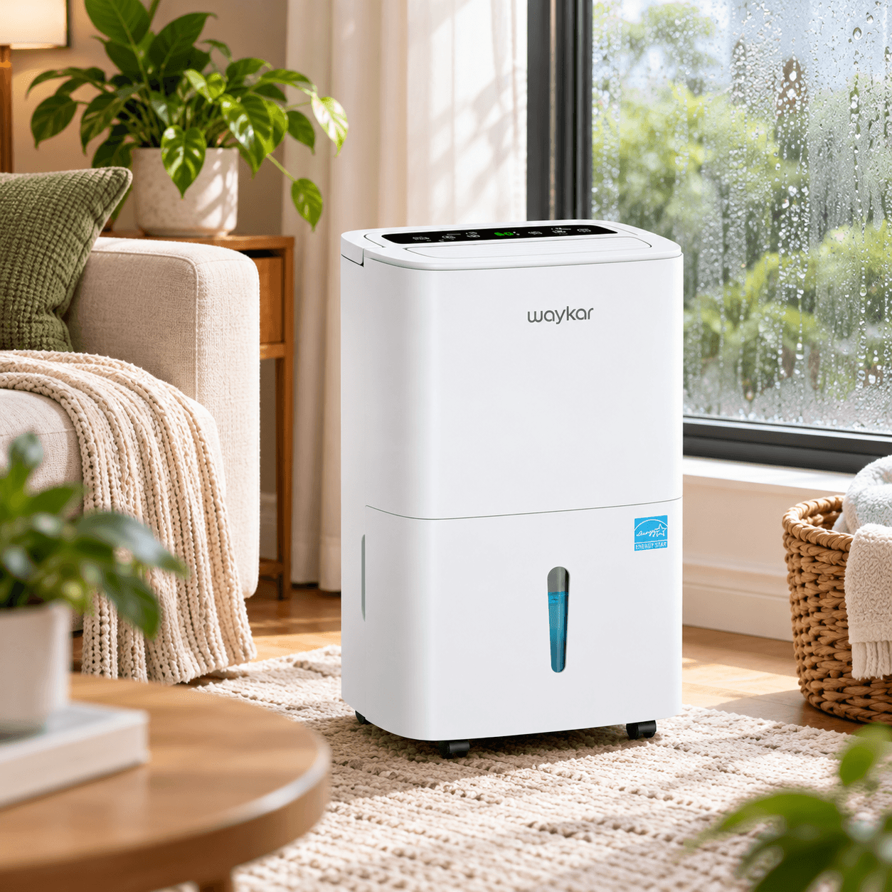 Waykar white portable dehumidifier with digital controls, water-level window, and caster wheels, placed beside a cozy sofa and rain-covered window in a modern living room.