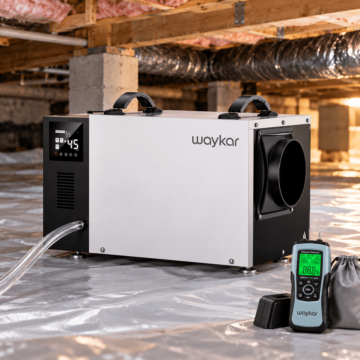 Waykar crawl space dehumidifier with a digital display, dual carrying handles, drainage hose, and circular air outlet, installed in a basement crawl space for moisture management.