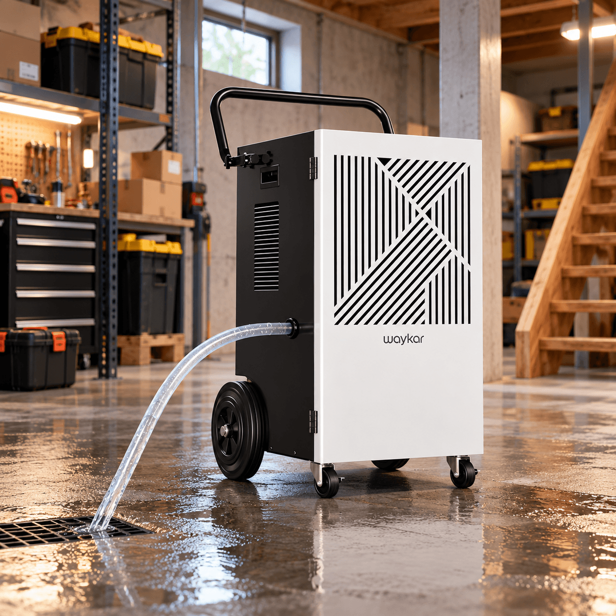 Waykar heavy-duty commercial dehumidifier with a geometric front grille, rolling wheels, and drainage hose, operating in a spacious basement workshop with storage shelves.