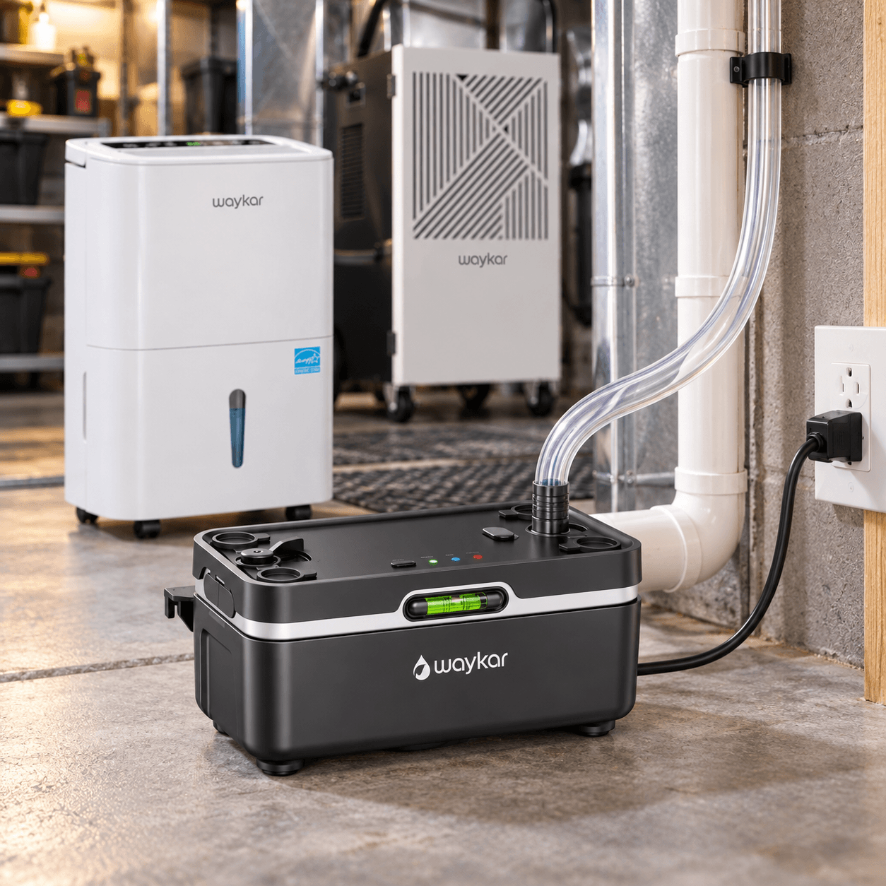 Waykar black condensate pump with clear drainage tubing, indicator lights, and built-in bubble level, installed in a basement utility room near dehumidifiers and drain pipes.