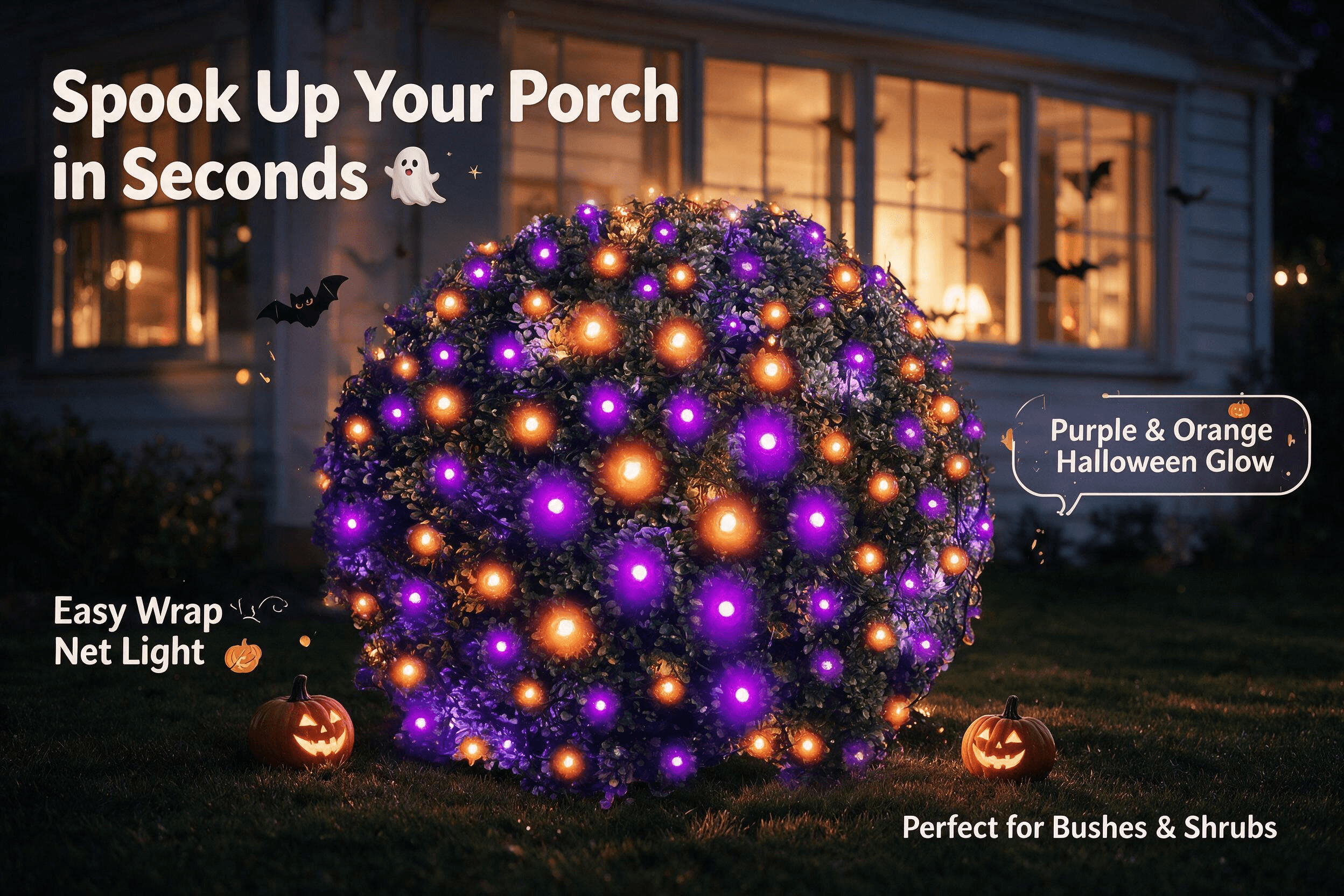 Product showcase photo of Halloween purple-and-orange bush net lights (ASIN B0FHF1J14P): a perfectly round evergreen shrub glowing with alternating purple and orange round bulb lights on a dark lawn at night, lit jack-o'-lanterns at its base, warm house window light behind, cute bat silhouettes; English callouts and flat cartoon icons overlaid in a real front-yard setting.