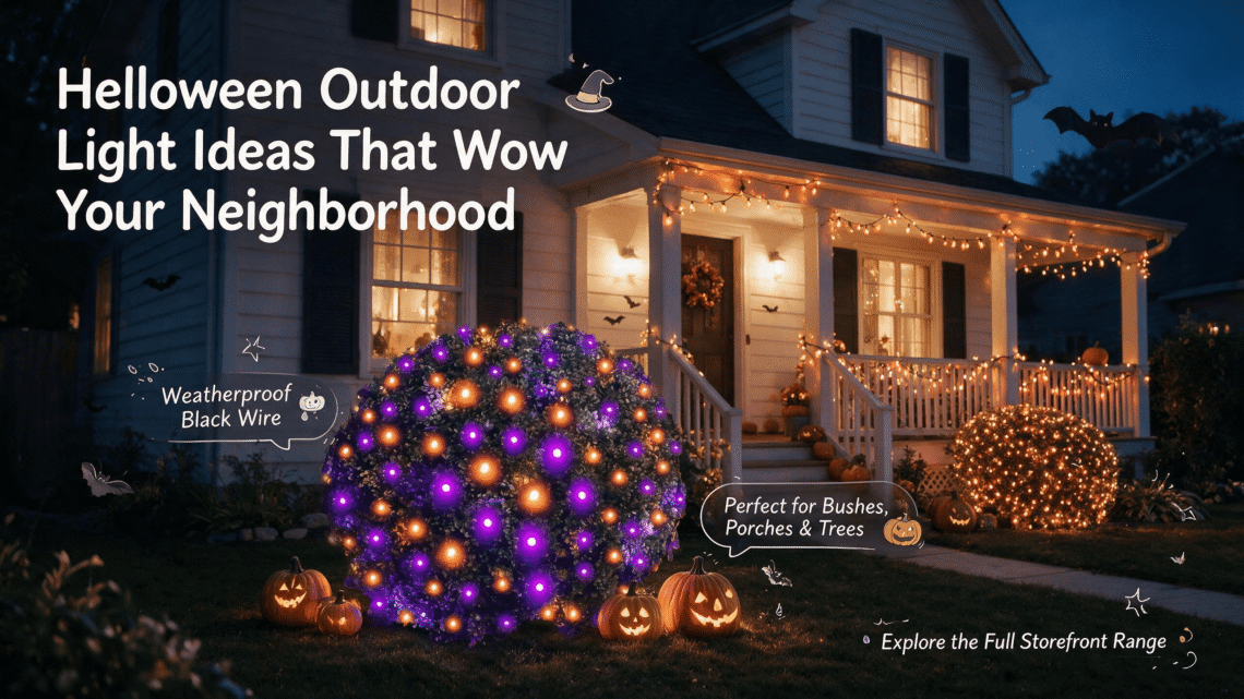 Halloween front-yard blog banner in blue-hour dusk, featuring YGTCHNG storefront holiday lights installed on a cozy suburban house porch — a round shrub wrapped in purple-and-orange net lights, warm orange incandescent string lights draped along the eaves, glowing jack-o'-lanterns and bat silhouettes; bold English callouts with cute cartoon witch-hat, pumpkin and sparkle graphics overlaid.