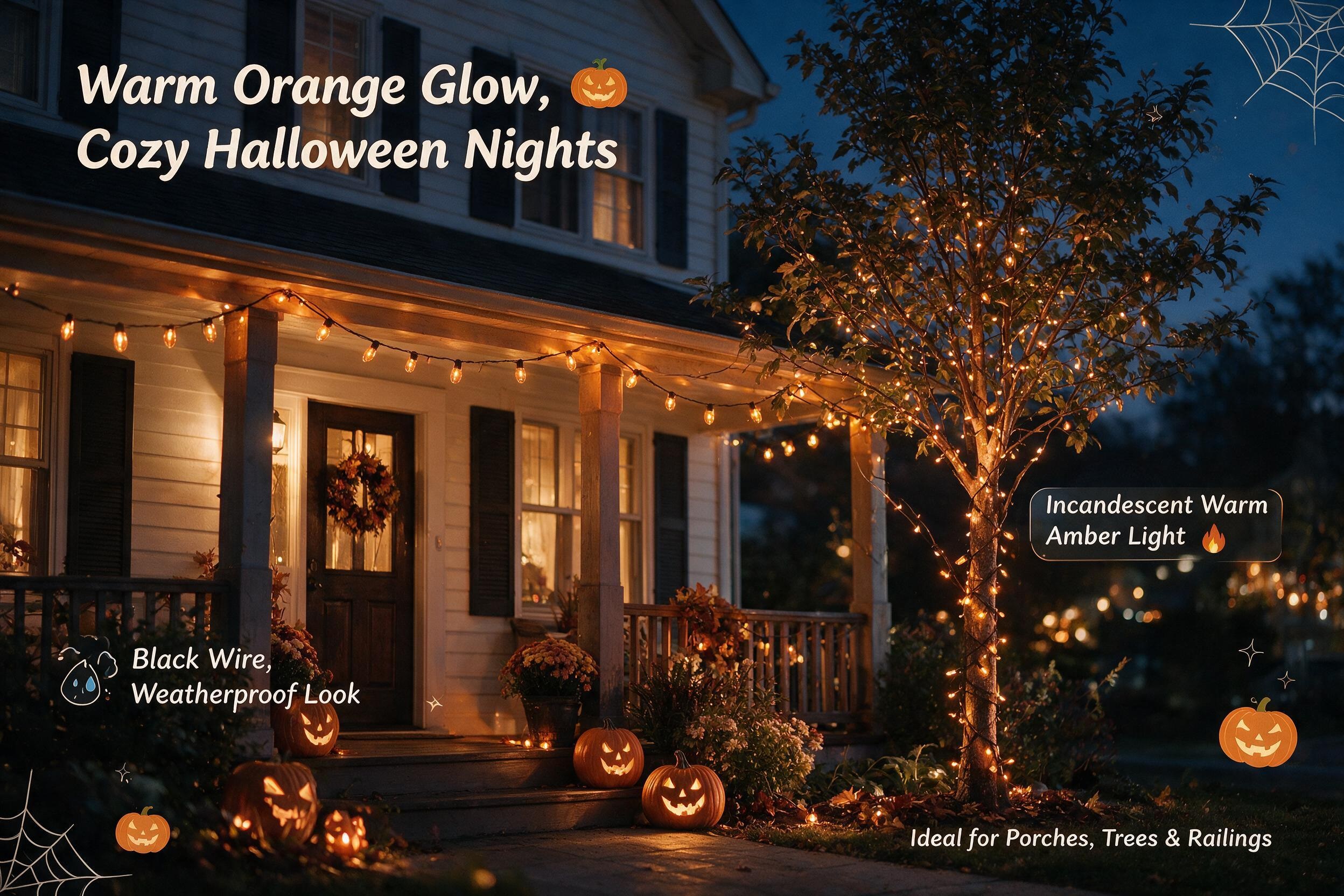 Product lifestyle photo of warm orange incandescent Christmas/Halloween string lights (ASIN B0H7574WRV): a strand of clear amber bulb sleeves with black wire naturally draped along a wooden porch eave and small tree at blue-hour dusk, glowing jack-o'-lanterns on the steps; English callouts with cartoon pumpkin, flame and rain-drop icons overlaid for an authentic cozy porch scene.