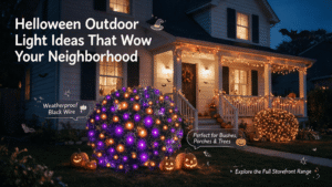 Halloween front-yard blog banner in blue-hour dusk, featuring YGTCHNG storefront holiday lights installed on a cozy suburban house porch — a round shrub wrapped in purple-and-orange net lights, warm orange incandescent string lights draped along the eaves, glowing jack-o'-lanterns and bat silhouettes; bold English callouts with cute cartoon witch-hat, pumpkin and sparkle graphics overlaid.