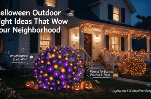 Halloween front-yard blog banner in blue-hour dusk, featuring YGTCHNG storefront holiday lights installed on a cozy suburban house porch — a round shrub wrapped in purple-and-orange net lights, warm orange incandescent string lights draped along the eaves, glowing jack-o'-lanterns and bat silhouettes; bold English callouts with cute cartoon witch-hat, pumpkin and sparkle graphics overlaid.