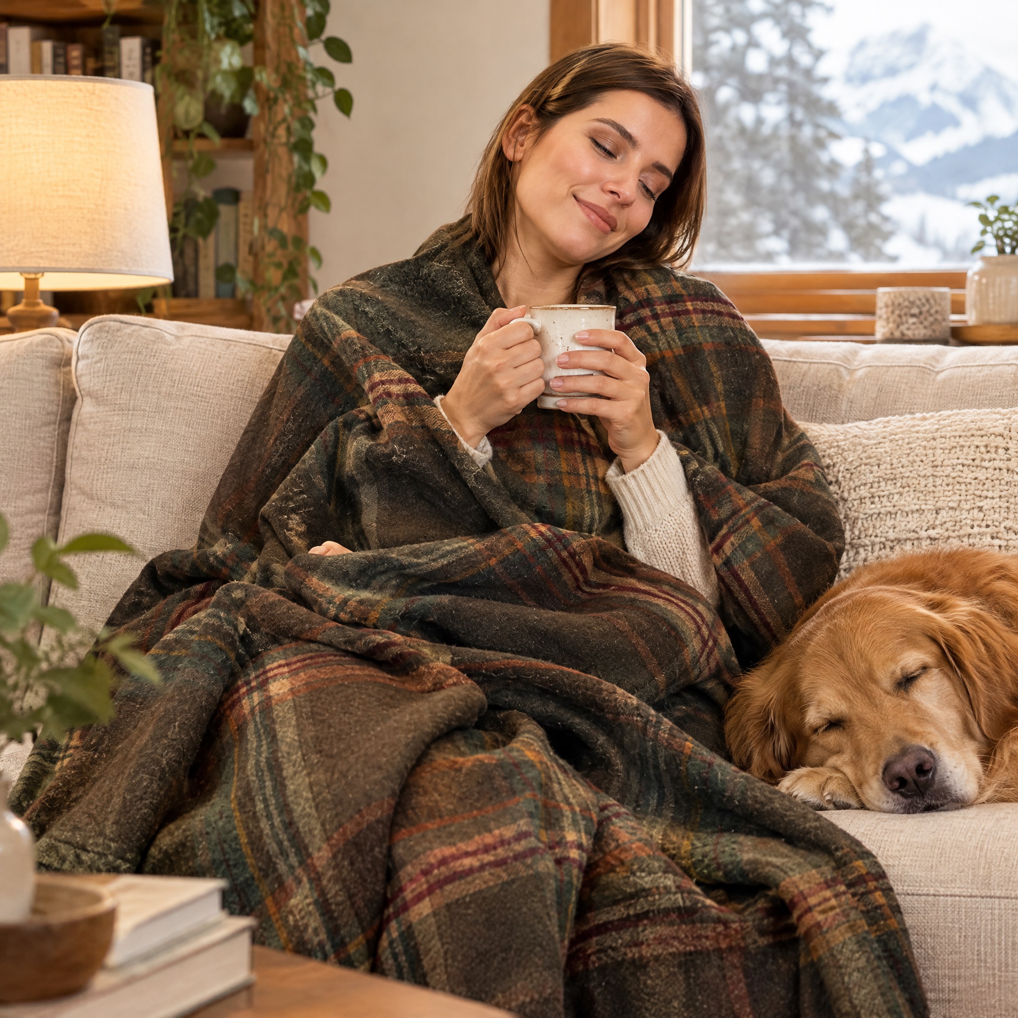 YOUR MOON 100% Merino Wool Blanket showcase image: a woman sits contentedly on a light-colored sofa wrapped in a large dark plaid blanket and holding a warm mug, eyes closed in relaxation. A golden retriever sleeps beside her, with a snowy mountain landscape visible through the window, creating a warm, cozy winter-at-home atmosphere.