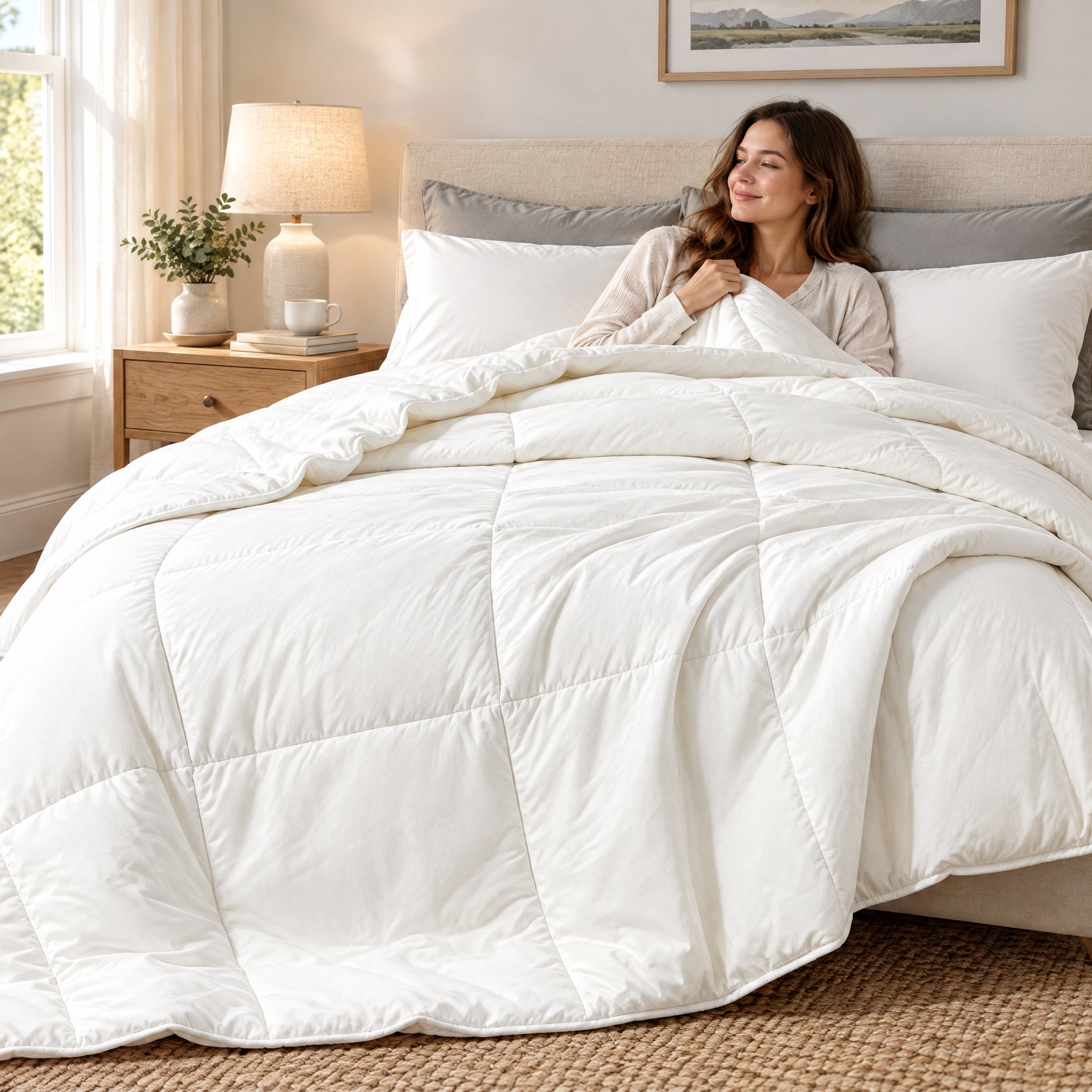 YOUR MOON Luxurious All Season Wool Comforter showcase image: a smiling woman sits up in a bright, airy bedroom wrapped in a thick, quilted white comforter. Natural light streams in from a window, while a nightstand with a lamp and plant adds to the cozy, homely atmosphere.