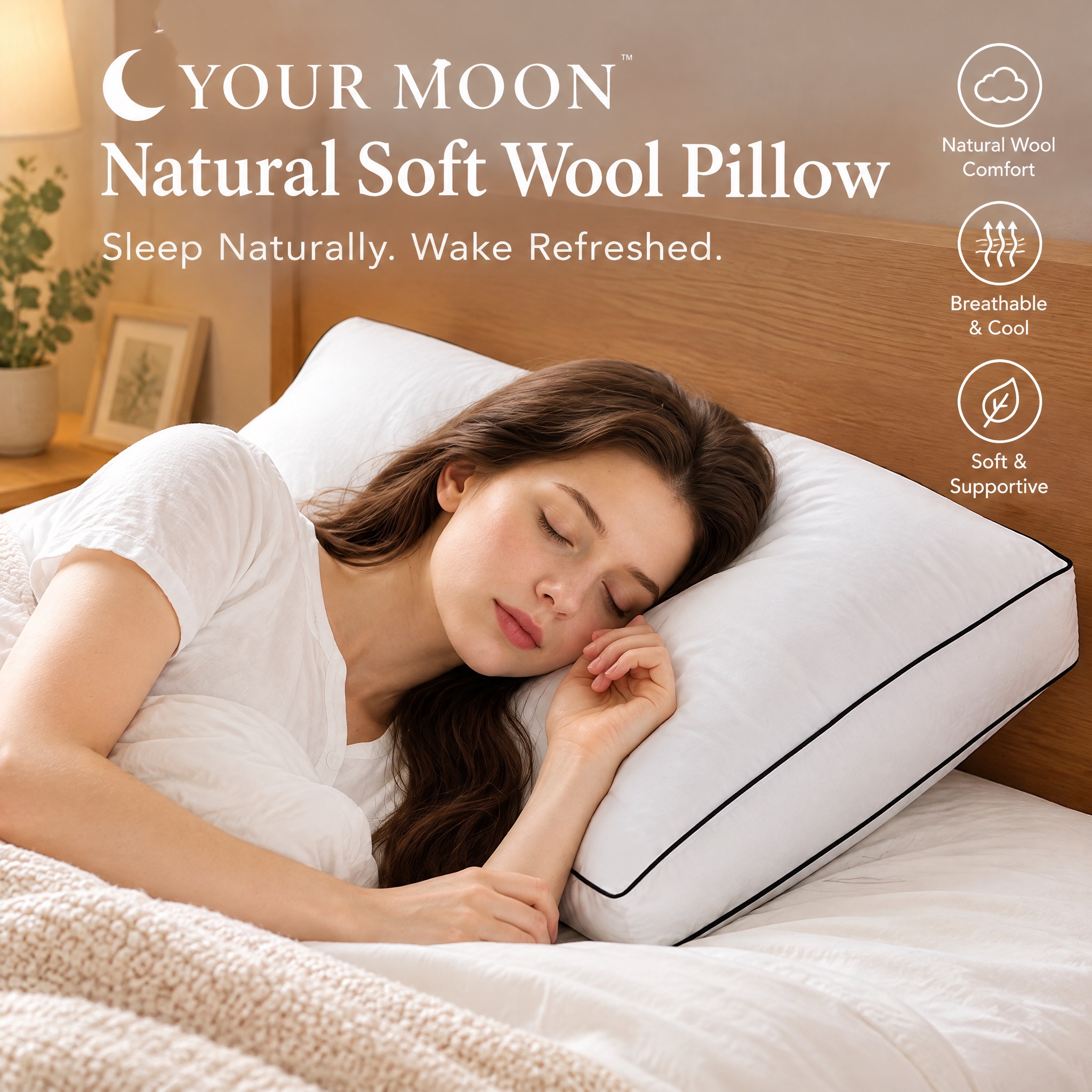 YOUR MOON Natural Soft Wool Pillow promotional image: a young woman sleeps on her side on a white gusseted pillow with black piping, set against a warm wooden headboard and softly blurred bedside table. Product name, slogan, and key benefit icons are overlaid in the upper and right areas, conveying a tranquil, restorative mood.
