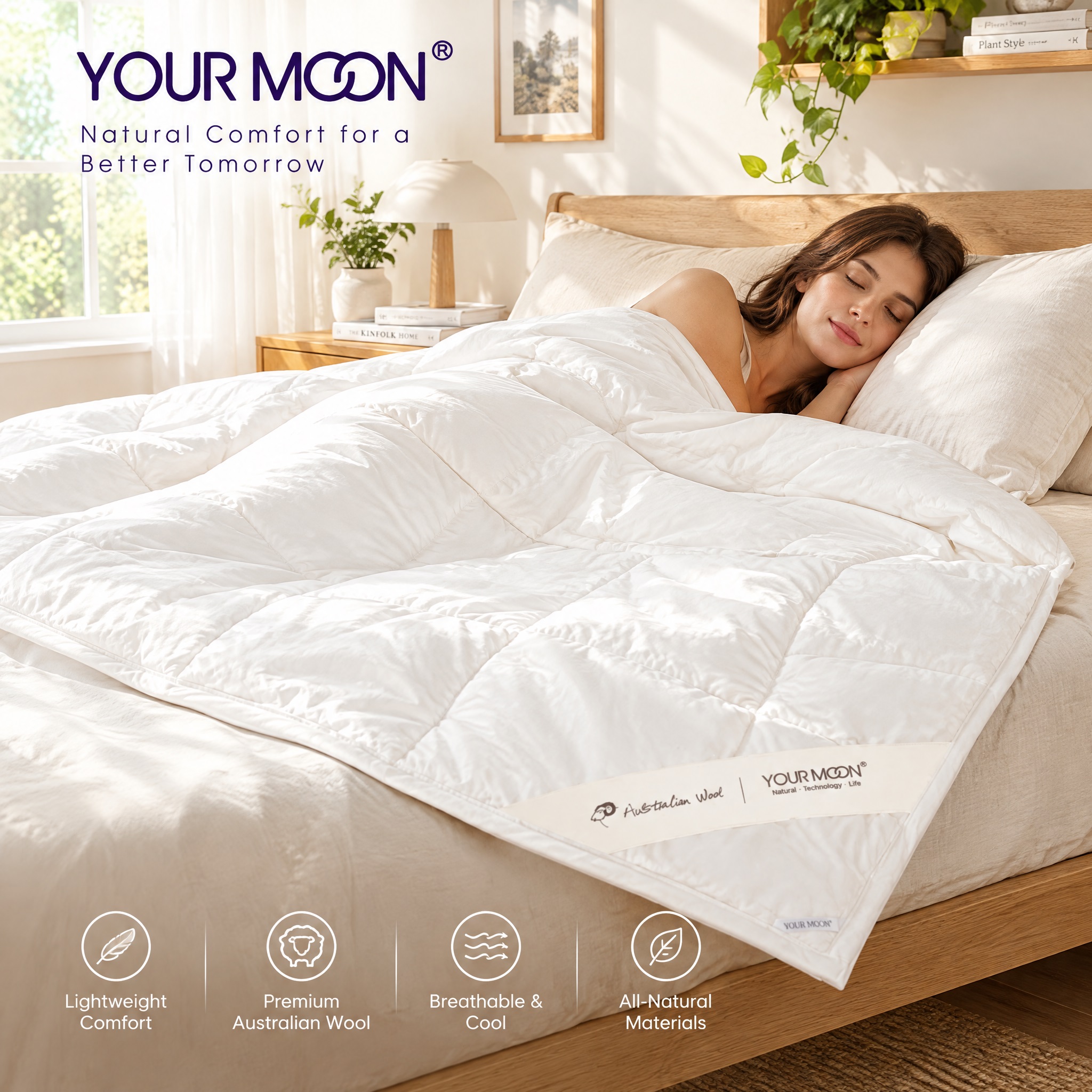 YOUR MOON Summer Lightweight Wool Comforter promotional image: a woman sleeps peacefully under a thick white quilted comforter in a bright, cozy bedroom. The brand logo and tagline appear in the upper left, with product feature icons and text along the bottom, creating a serene and comfortable mood.