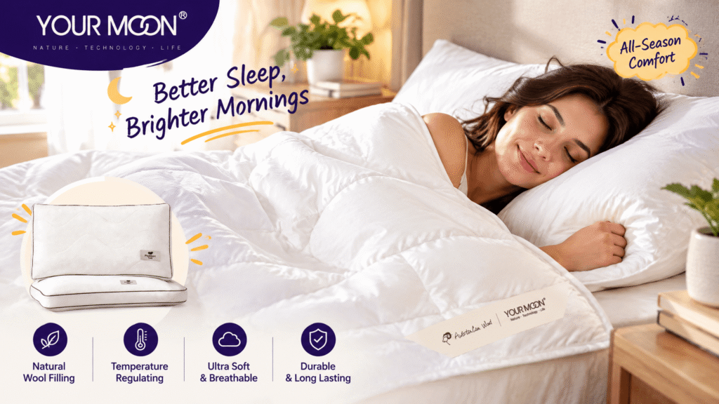 YOUR MOON bedding promotional hero image: a woman sleeps peacefully under a plush white comforter in a bright, cozy bedroom. The image features the brand logo, the tagline “Better Sleep, Brighter Mornings,” an “All-Season Comfort” callout, and four feature icons highlighting Natural Wool Filling, Temperature Regulating, Ultra Soft & Breathable, and Durable & Long Lasting. The overall style is clean, bright, and inviting.