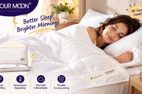 YOUR MOON bedding promotional hero image: a woman sleeps peacefully under a plush white comforter in a bright, cozy bedroom. The image features the brand logo, the tagline “Better Sleep, Brighter Mornings,” an “All-Season Comfort” callout, and four feature icons highlighting Natural Wool Filling, Temperature Regulating, Ultra Soft & Breathable, and Durable & Long Lasting. The overall style is clean, bright, and inviting.