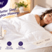 YOUR MOON bedding promotional hero image: a woman sleeps peacefully under a plush white comforter in a bright, cozy bedroom. The image features the brand logo, the tagline “Better Sleep, Brighter Mornings,” an “All-Season Comfort” callout, and four feature icons highlighting Natural Wool Filling, Temperature Regulating, Ultra Soft & Breathable, and Durable & Long Lasting. The overall style is clean, bright, and inviting.