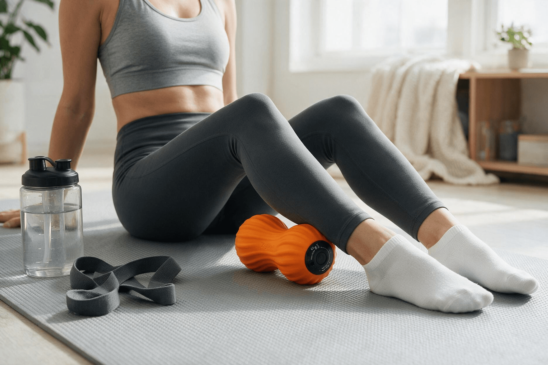 Zyllion Vibrating Peanut Foam Roller, woman releasing post-workout calf and ankle tension on light grey yoga mat, clear water bottle and resistance stretching band placed beside, bright minimal home fitness studio.