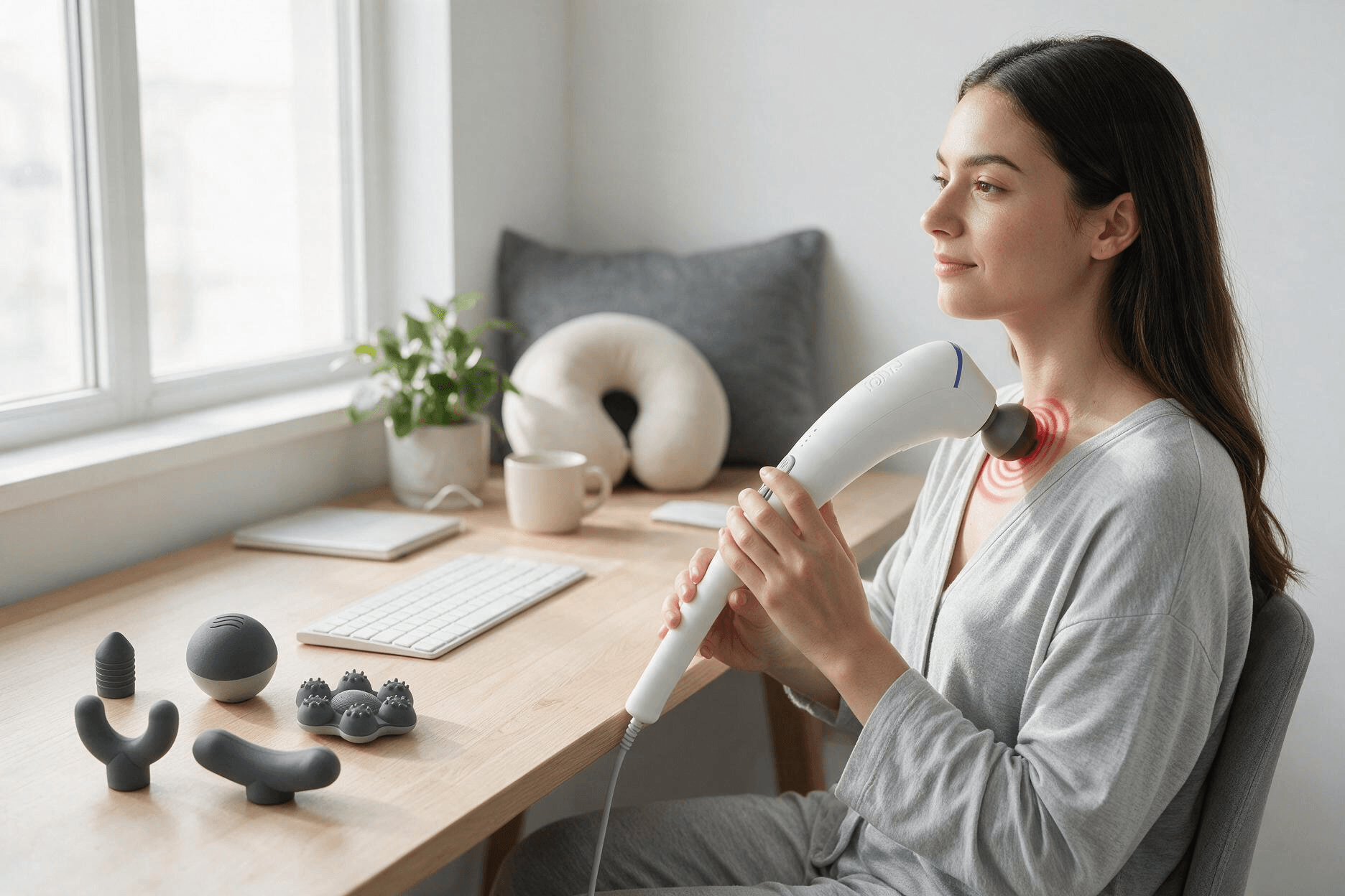 Zyllion Full Product Line Hero Promotional Banner 16:9, woman relaxing with shiatsu neck massager while reading on soft cream sofa, complete collection of Zyllion massage devices arranged on wood coffee table, text overlay "Your Daily Relaxation Station — Zyllion", cozy bright neutral modern home interior.