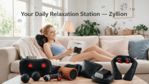 Zyllion Shiatsu Neck & Back Massager Pillow with Heat, woman unwinding on cozy beige linen sofa, official blue FSA/HSA eligible retail box displayed on coffee table, warm soft natural daylight, authentic real-life home relaxation scene.