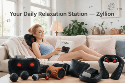 Zyllion Shiatsu Neck & Back Massager Pillow with Heat, woman unwinding on cozy beige linen sofa, official blue FSA/HSA eligible retail box displayed on coffee table, warm soft natural daylight, authentic real-life home relaxation scene.