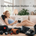Zyllion Shiatsu Neck & Back Massager Pillow with Heat, woman unwinding on cozy beige linen sofa, official blue FSA/HSA eligible retail box displayed on coffee table, warm soft natural daylight, authentic real-life home relaxation scene.