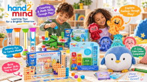 Hand2mind educational toys displayed in a colorful playroom, featuring Numberblocks math sets, sensory tubes, emotion puppets, and a plush penguin. Two children explore hands-on learning activities with playful English annotations.