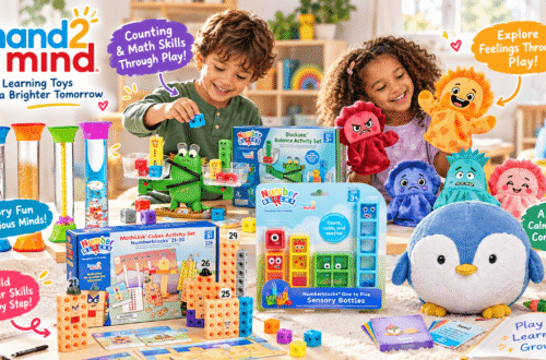 Hand2mind educational toys displayed in a colorful playroom, featuring Numberblocks math sets, sensory tubes, emotion puppets, and a plush penguin. Two children explore hands-on learning activities with playful English annotations.