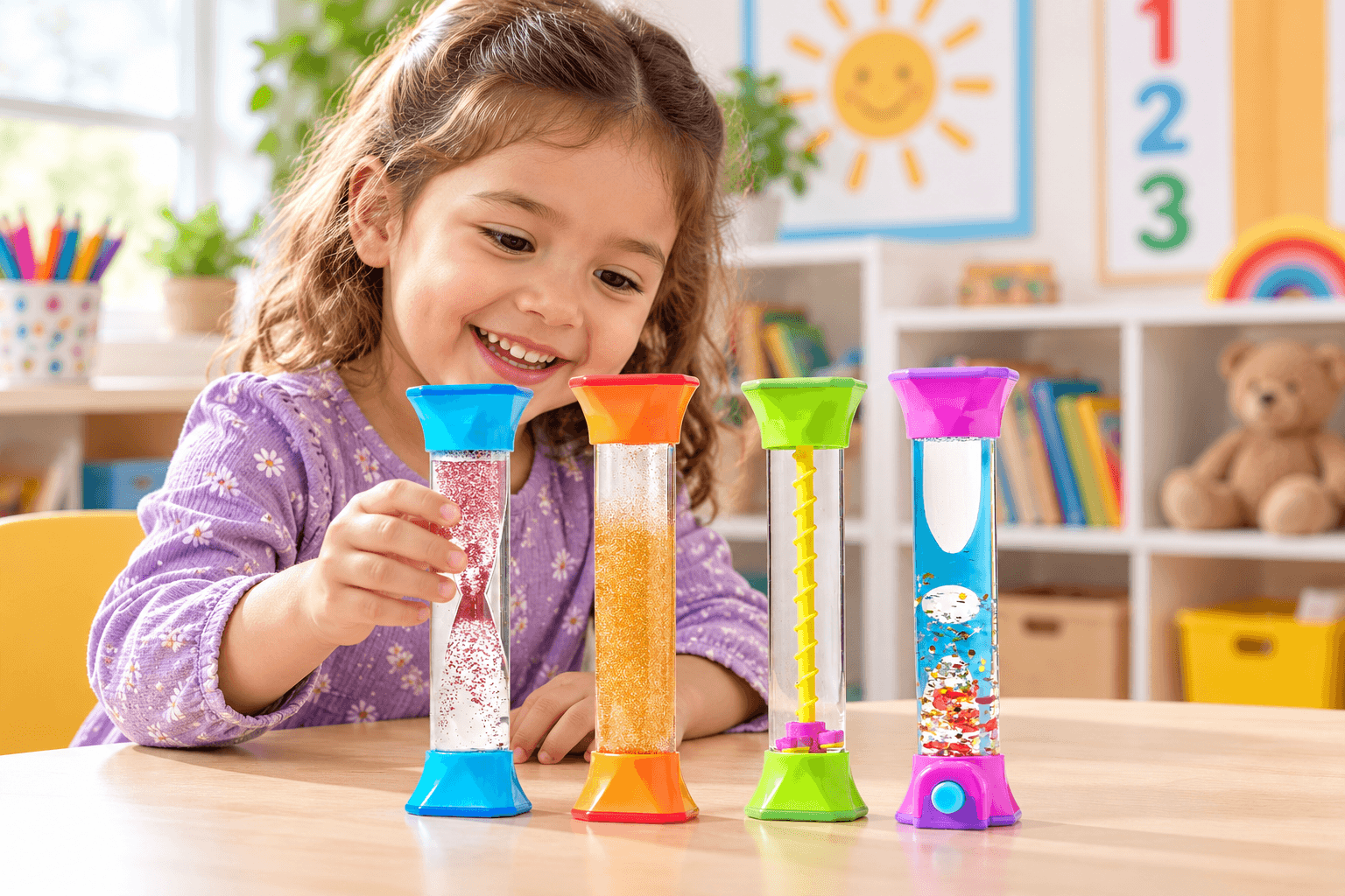 A smiling young girl explores four colorful hand2mind sensory tubes at a wooden table in a bright playroom. The blue, orange, green, and purple tubes feature swirling glitter, flowing particles, and interactive sensory elements.