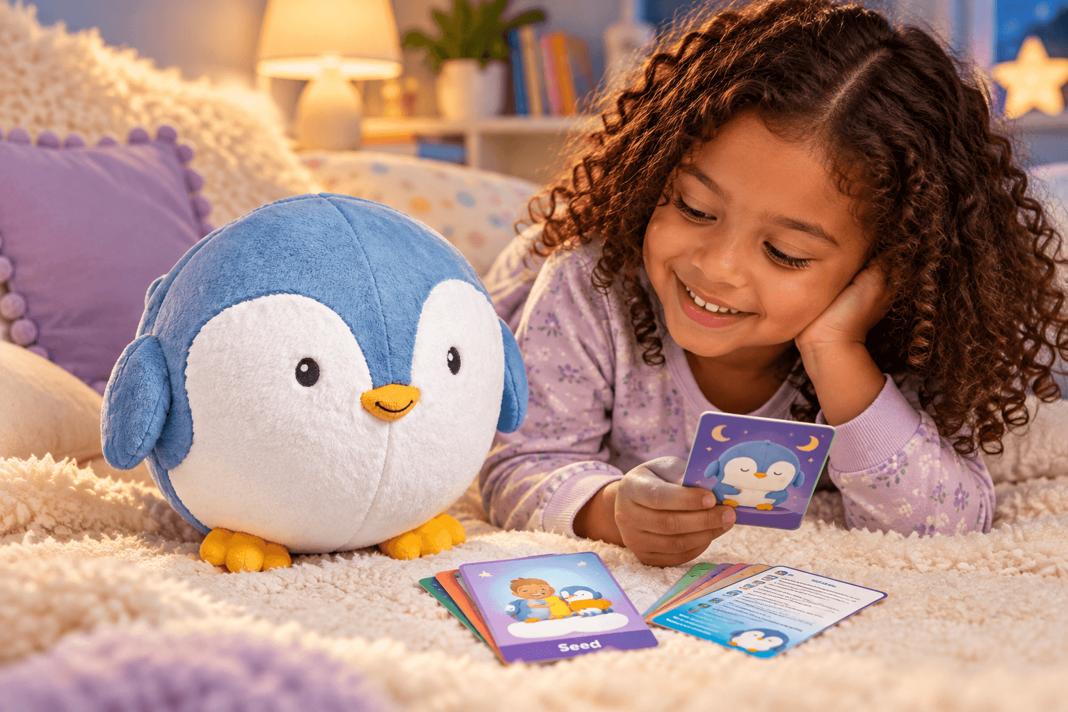 A young girl enjoys a cozy reading moment beside a large blue-and-white plush penguin in a softly lit bedroom. She holds an illustrated activity card, with more colorful mindfulness cards spread across a fluffy blanket.