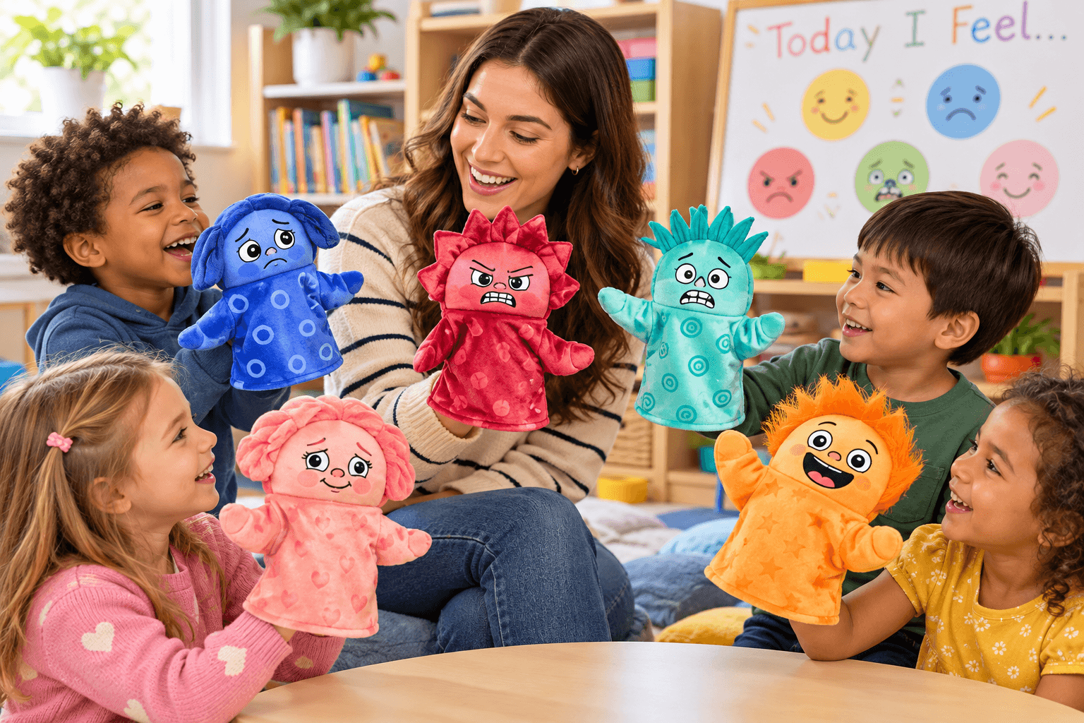A teacher and four smiling children explore emotions with five colorful hand puppets in a cheerful classroom. The blue, red, teal, orange, and pink plush puppets display different feelings beside a “Today I Feel” emotion chart.