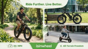 isinwheel electric fat-tire bike and folding electric scooter in real-life outdoor and urban commuting scenes, with English headline "Ride Further. Live Better" and cartoon-style graphic annotations highlighting 20+ MPH all-terrain freedom.