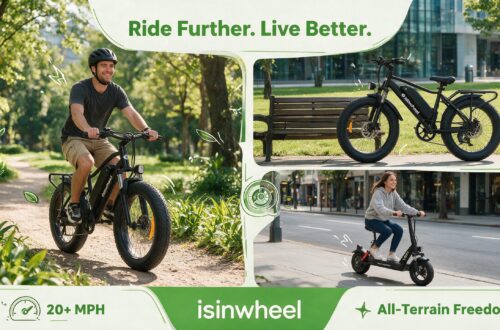 isinwheel electric fat-tire bike and folding electric scooter in real-life outdoor and urban commuting scenes, with English headline "Ride Further. Live Better" and cartoon-style graphic annotations highlighting 20+ MPH all-terrain freedom.
