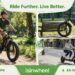 isinwheel electric fat-tire bike and folding electric scooter in real-life outdoor and urban commuting scenes, with English headline "Ride Further. Live Better" and cartoon-style graphic annotations highlighting 20+ MPH all-terrain freedom.