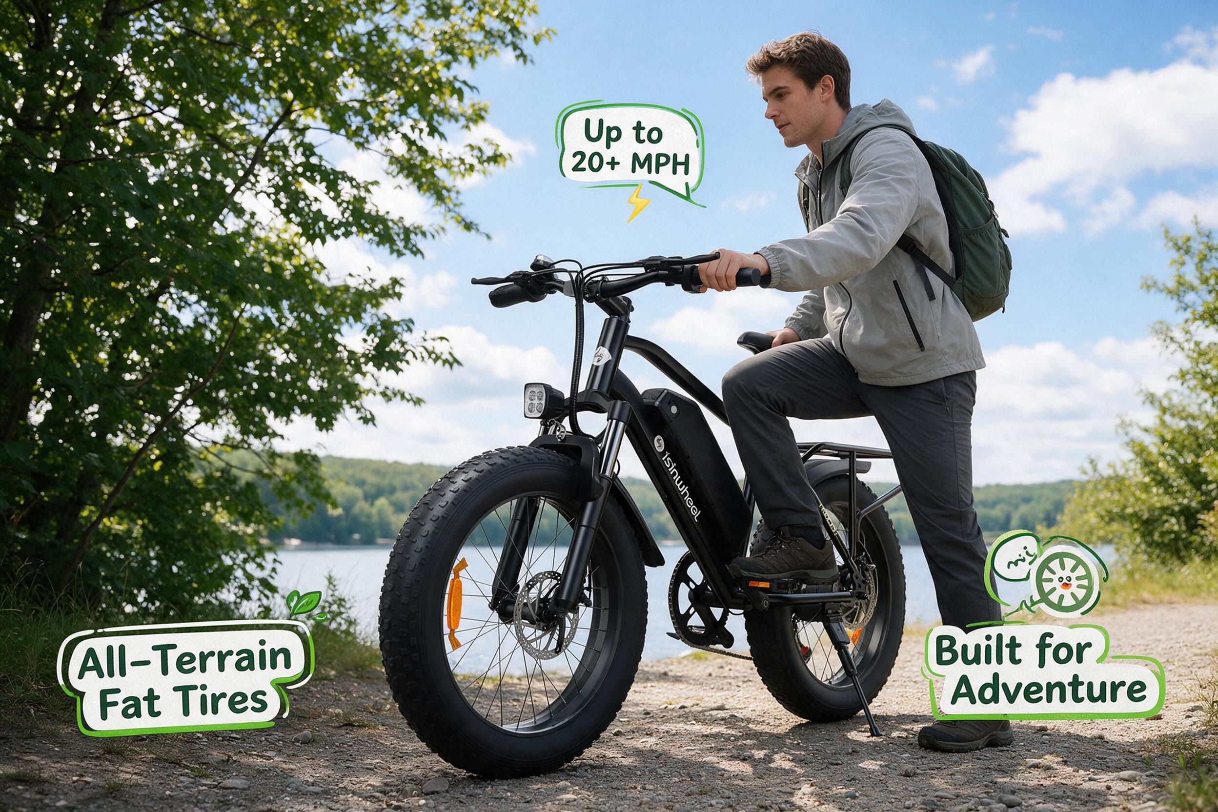 isinwheel black fat-tire electric mountain bike standing on a gravel lakeside trail with a Caucasian rider preparing to ride, annotated "All-Terrain Fat Tires, Up to 20+ MPH, Built for Adventure" with playful cartoon doodle accents.
