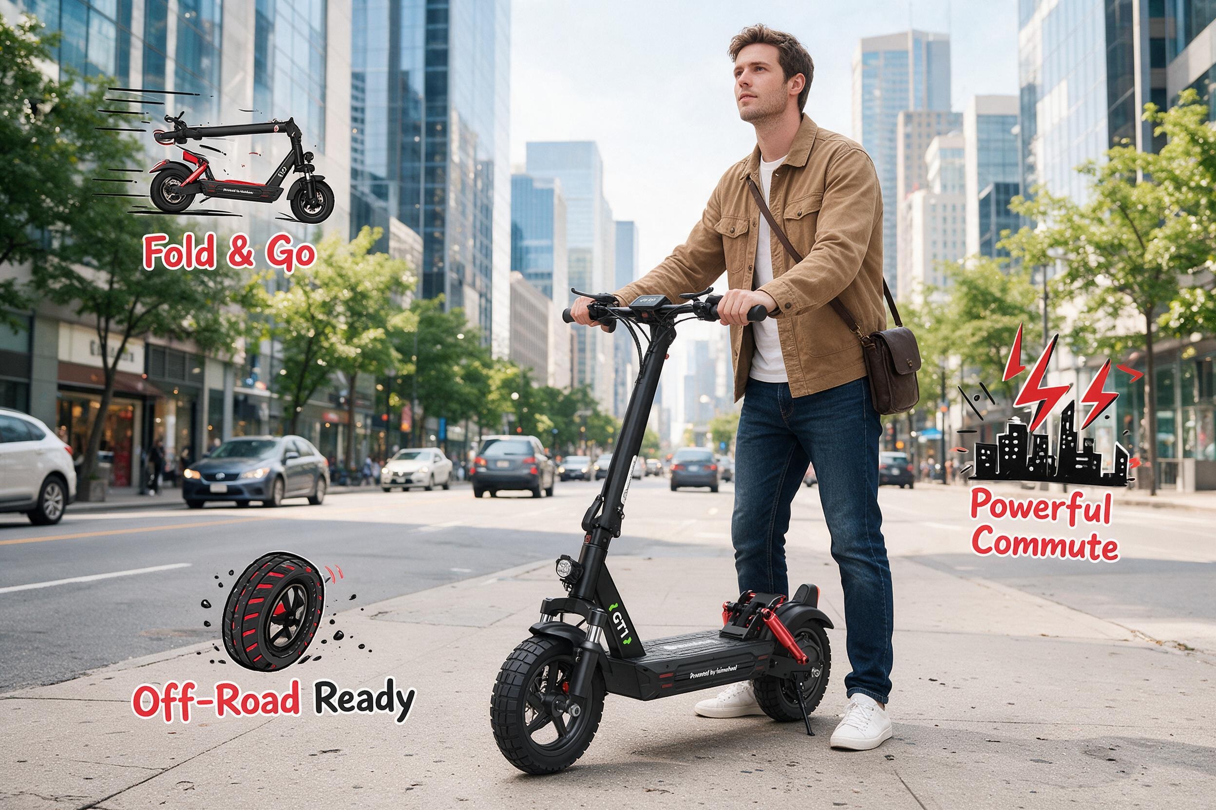 isinwheel GT1 black folding electric scooter with red rear suspension on a city sidewalk, a Caucasian commuter grabbing the handlebar, annotated "Fold & Go, Off-Road Ready, Powerful Commute" with cartoon speed-line graphic elements.